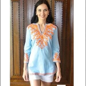Gretchen Scott The Reef Tunic Blue Orange Coral Embroidery Cotton Women Small